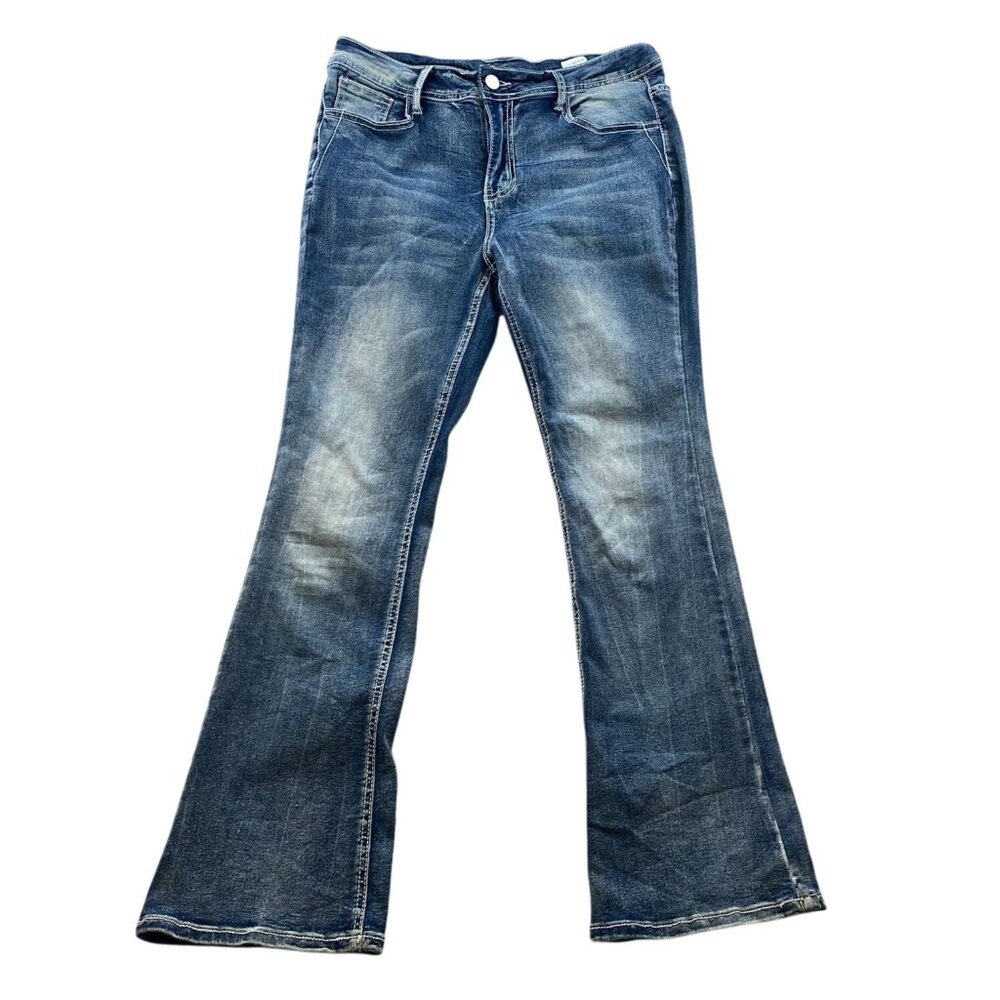 Temu Women's Jeans Large 30x28 Flare Leg Mid Rise Baggy Embroidered Retro